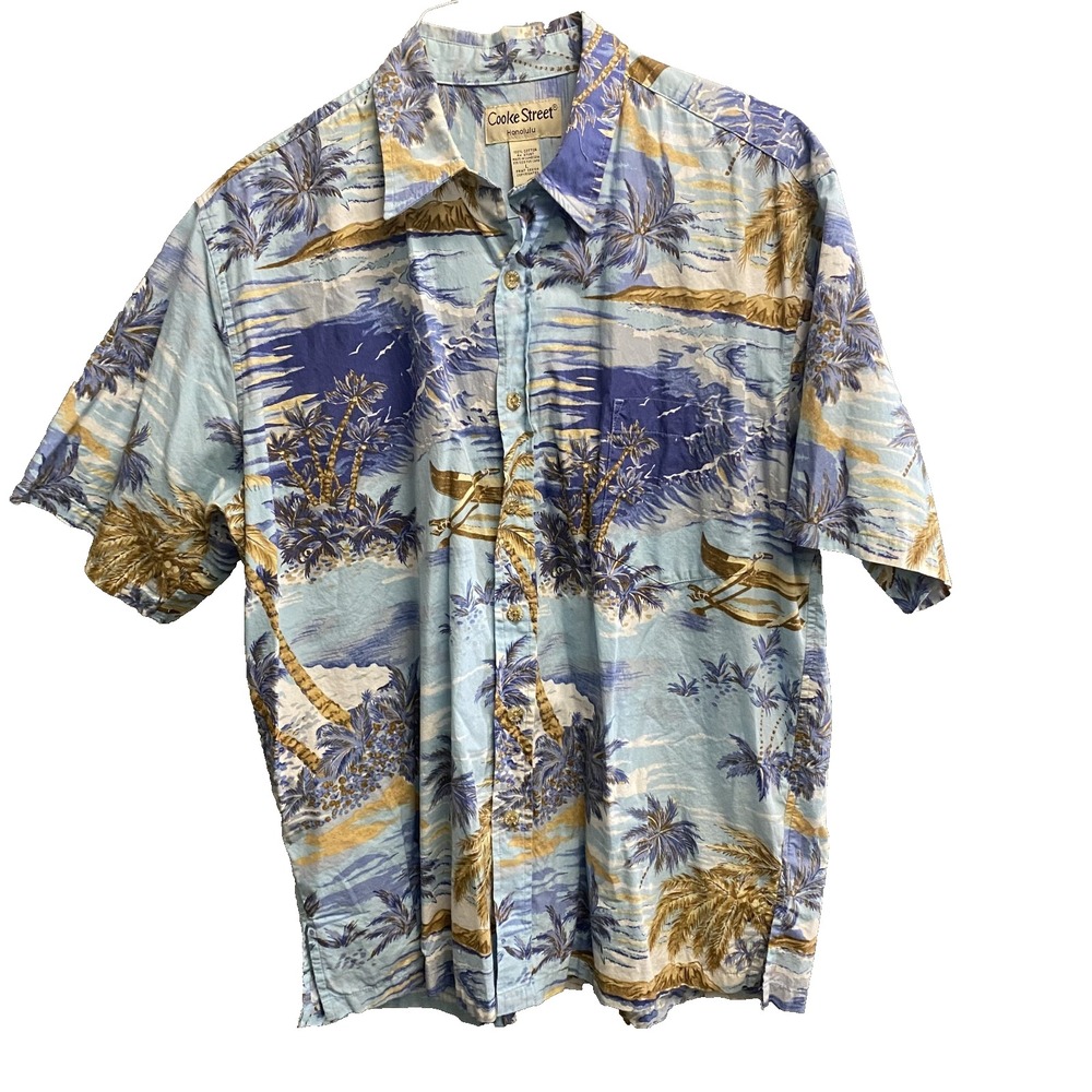 Cooke Street Honolulu Mens L Hawaiian Shirt Blue Palm Trees Cotton Button Up